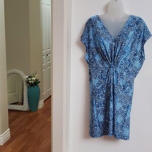 Blue Patterned V-Neck Dress Medium LIKE NEW